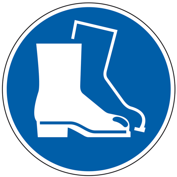 Gebotsschild Fußschutz benutzen, Folie, selbstklebend, Ø 100mm, ASR A1.3, DIN EN ISO 7010 M008-Beschreibung lesen