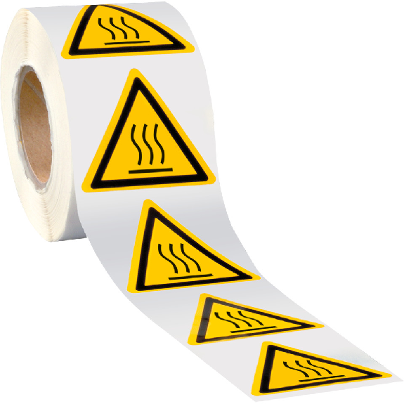 Warnschild Warnung vor heißer Oberfläche, Folie, selbstklebend, SL 25mm, 500/Rolle, ASR A1.3, DIN EN ISO 7010 W017-Beschreibung lesen