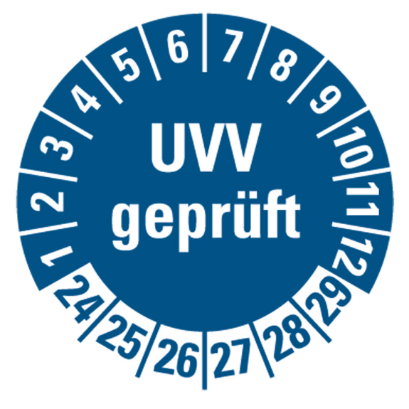 Prüfplakette UVV geprüft, 24-29, blau, Folie, selbstklebend, Ø 30mm, 10/Bogen Prüfplakette UVV geprüft, 24-29, blau, Folie, selbstklebend, Ø 30mm, 10/Bogen-Beschreibung lesen