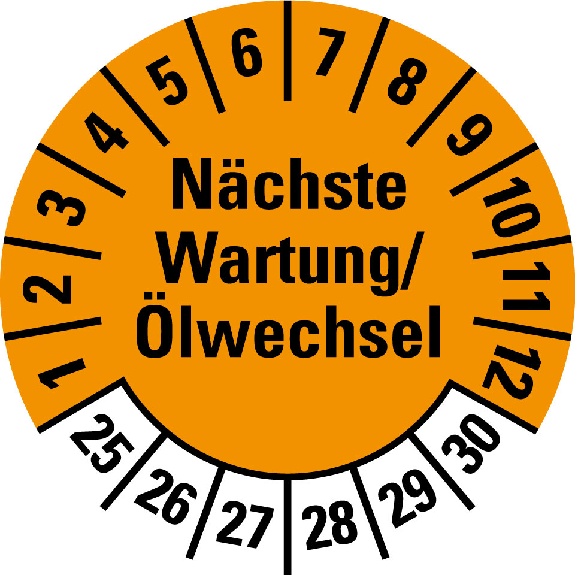 Prüfplakette Nächste Wartung/Ölwechsel, 25-30,orange,Folie,Ø 30mm,10/Bogen-Beschreibung lesen