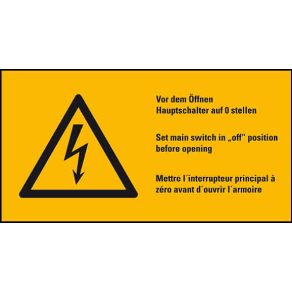 Warn-Kombischild Vor dem Öffnen Hauptsch., RoHS konform, 3-sprachig, Folie, 74x37mm, ASR A1.3, DIN EN ISO 7010 W012-Lire la description