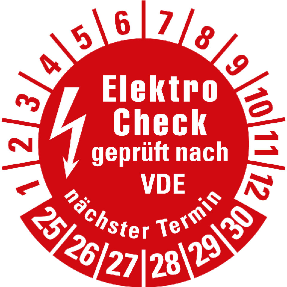 Prüfplakette Elektro-Check VDE,n.Termin,25-30,rot,Folie,selbstkl,Ø 30mm,10/Bogen-Beschreibung lesen