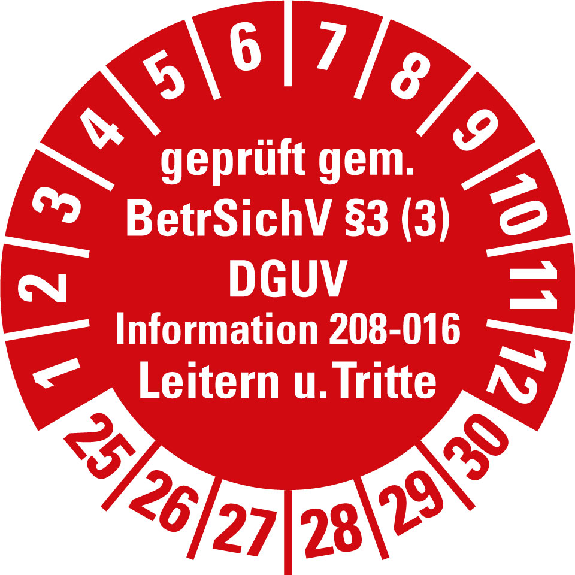 Prüfplakette BetrSichV 3,Leitern,25-30,rot,Folie,selbstklebend,Ø 30mm,500/Rolle-Beschreibung lesen