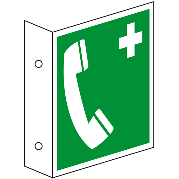 Rettungs-Fahnenschild Notruftelefon, doppelseitig, Kunststoff, 200x200mm, ASR A1.3, DIN EN ISO 7010 E004 Rettungs-Fahnenschild Notruftelefon, doppelseitig, Kunststoff, 200x200mm, ASR A1.3, DIN EN ISO 7010 E004-Beschreibung lesen