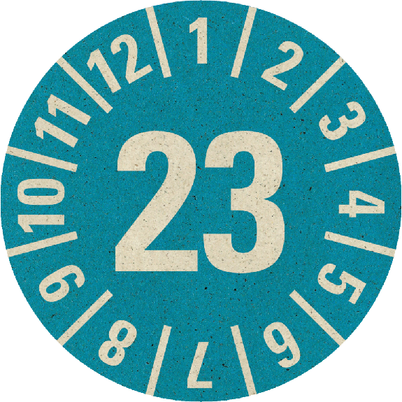 Prüfplakette 23, blau, Graspapier, selbstklebend, Ø 30mm, 18/Bogen-Beschreibung lesen