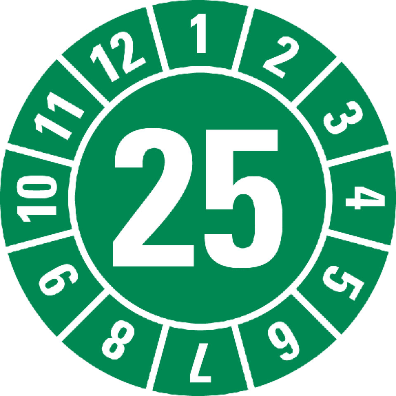 Prüfplakette 25, grün, Folie, selbstklebend, Ø 10mm, 500/Rolle Prüfplakette 25, grün, Folie, selbstklebend, Ø 10mm, 500/Rolle-Beschreibung lesen