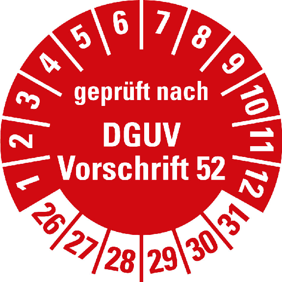 Prüfplakette gepr. nach DGUV Vorschr.52,26-31,rot,Folie,selbst.,Ø 30mm,10/Bogen Prüfplakette gepr. nach DGUV Vorschr.52,26-31,rot,Folie,selbst.,Ø 30mm,10/Bogen-Beschreibung lesen