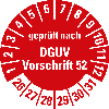 Prüfplakette gepr. nach DGUV Vorschr.52,26-31,rot,Folie,selbst.,Ø 30mm,10/Bogen