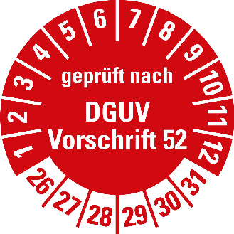 Prüfplakette gepr. nach DGUV Vorschr.52,26-31,rot,Folie,selbst.,Ø 30mm,10/Bogen-Beschreibung lesen