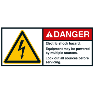 ANSI-Aufkleber DANGER Electric shock hazard..., UL anerk., 45x100mm, 2/Bogen-Beschreibung lesen