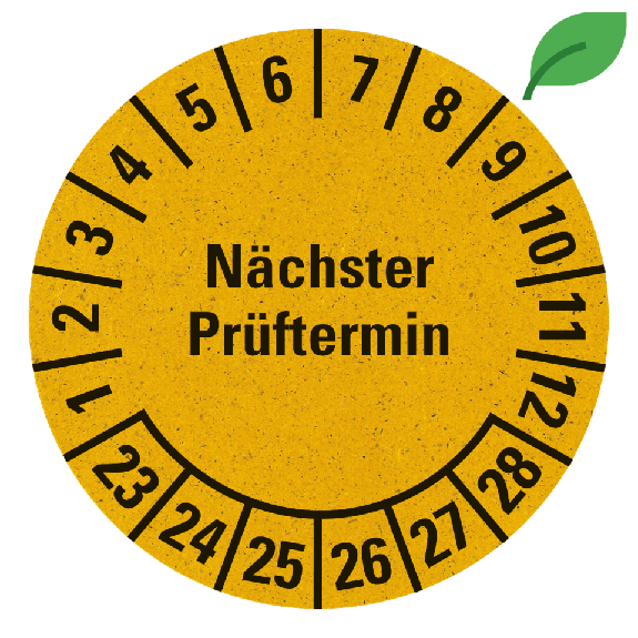 Prüfplakette Nächster Prüftermin 23-28, gelb, Graspapier, selbstklebend, Ø 30mm, 18/Bogen-Beschreibung lesen