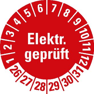 Prüfplakette Elektr.geprüft, 26-31, rot, Folie, selbstklebend, Ø 20mm, 500/Rolle-Beschreibung lesen