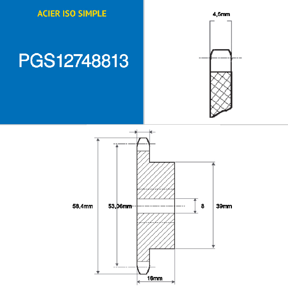 CMW - Pignon pré alésé - Acier - Simple denture - 083 - 13 dents - Pas de 12,7 x 4,88 mm avec alésage de 8 mm-Lire la description