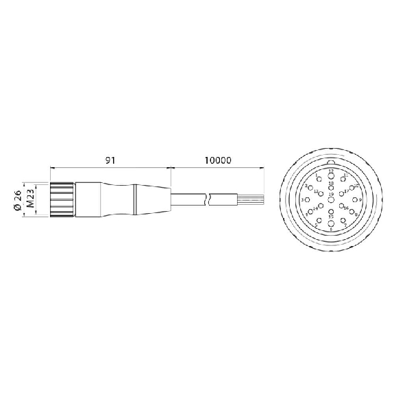 M12A Fem Droit 8p; Câble PUR 8x0.34 Noir 10m (30V) - CD12M/0X-100A5-Lire la description