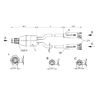 Y-M08A Mâle Droit 4p/2x M08A Fem Droit 3p; PUR Noir Cpc 1m - BCC M314-M313-M313-U2024-010 (BCC0AFM)-Lire la description