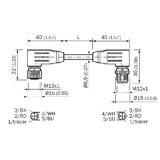 M12A Fem Coudé 5p/M12A Mâle Coudé 5p; Blindé 5 fils Violet 5m - YG2A15-050C1BN2A15-Lire la description