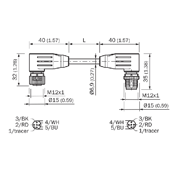 M12A Fem Coudé 5p/M12A Mâle Coudé 5p; Blindé 5 fils Violet 15m - YG2A15-150C1BN2A15-Lire la description
