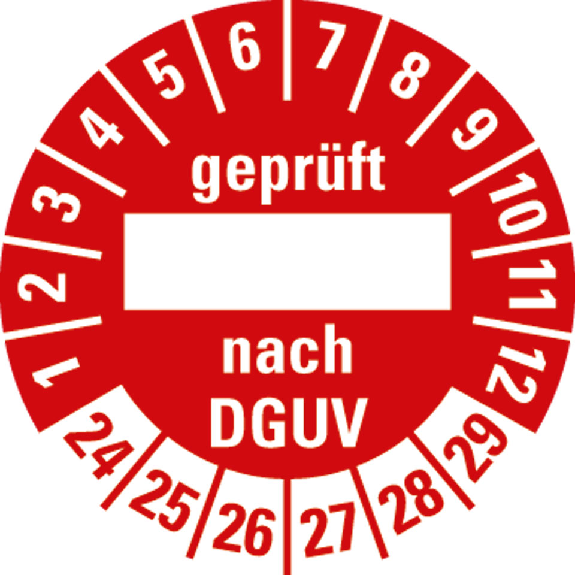 Prüfplakette geprüft nach DGUV, 24-29, rot, Folie, selbst., Ø 30mm, 10/Bogen-Beschreibung lesen