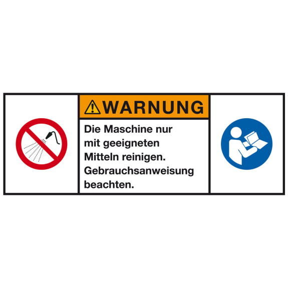 Produktsicherheitsschild Warnung Die Maschine nur, RoHS konform, Folie, 100x35mm, ISO 3864-2-Beschreibung lesen