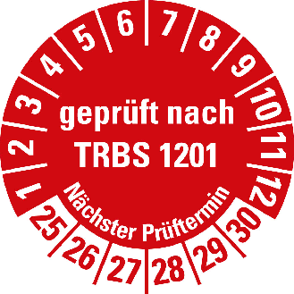 Prüfplakette geprüft nach TRBS 1201,NP 25-30,rot,Folie,selbst.,Ø 20mm,10/Bogen-Beschreibung lesen
