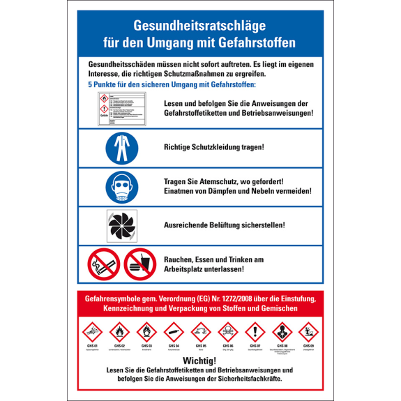 Aushang Gesundheitsrat...Umgang mit Gefahrstoffen, CLP/GLS, Kunststoff, 400x600mm Aushang Gesundheitsrat...Umgang mit Gefahrstoffen, CLP/GLS, Kunststoff, 400x600mm-Beschreibung lesen