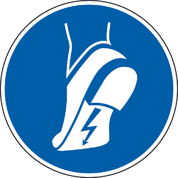 Gebotsschild Antistatisches Schuhwerk benutzen, Folie, selbstklebend, Ø 200mm, DIN EN ISO 7010-Beschreibung lesen