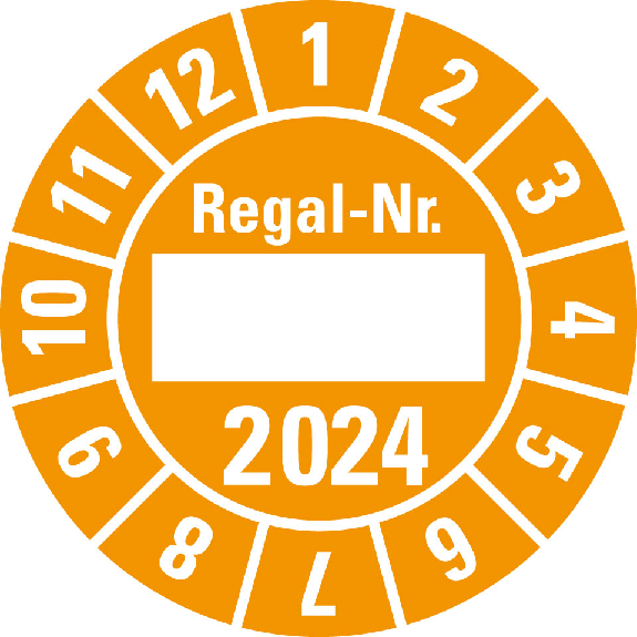 Prüfplakette Regal Nr.,2024, Beschriftungsfeld,orange,Folie,Ø 30mm,10/Bogen-Beschreibung lesen