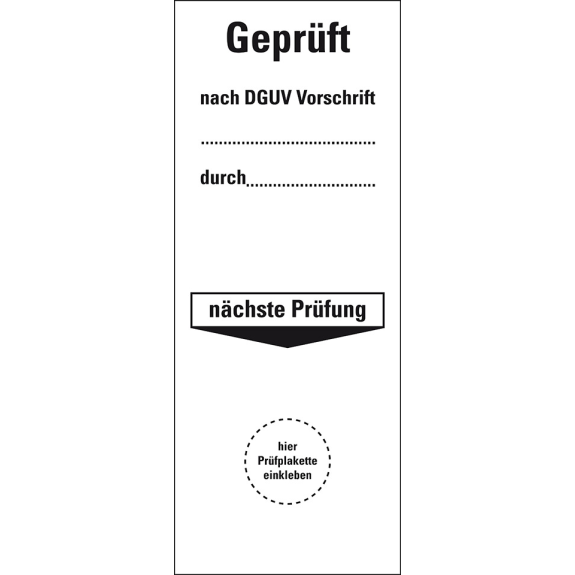 Grundetikett Geprüft nach DGUV Vor..durch..Nächste Prüfung, Folie, 40x100mm, 5/Bogen, DGUV Grundetikett Geprüft nach DGUV Vor..durch..Nächste Prüfung, Folie, 40x100mm, 5/Bogen, DGUV-Beschreibung lesen