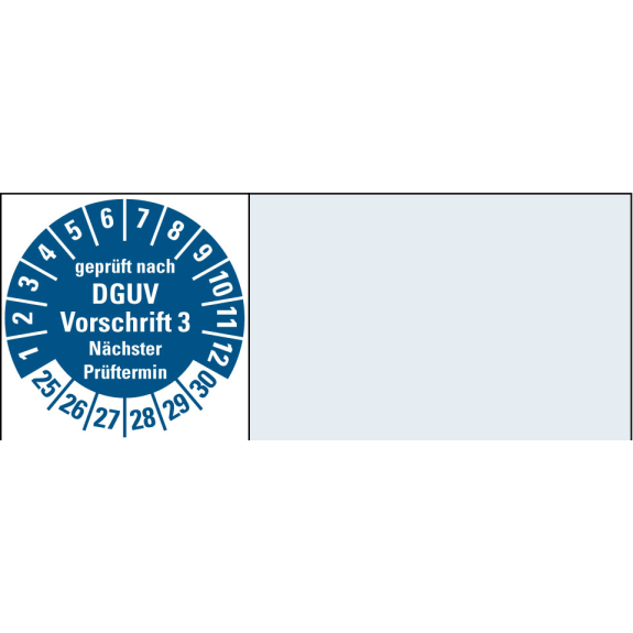 Kabelprüfplakette DGUV Vorschr. 3 NP 25-30,blau,Folie,selbstkl.,20x50mm,64/Heft-Beschreibung lesen
