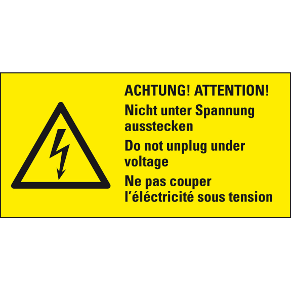 Warn-Kombischild ACHTUNG! Nicht unter Spannung,RoHS konform,3-spr.,Folie,37x74mm-Leggi tutto