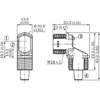 Cellule Directe PNP P=740mm LR DO Hybride / M12 4P+C0.15m - ZTE18-4FZ4B8-Lire la description