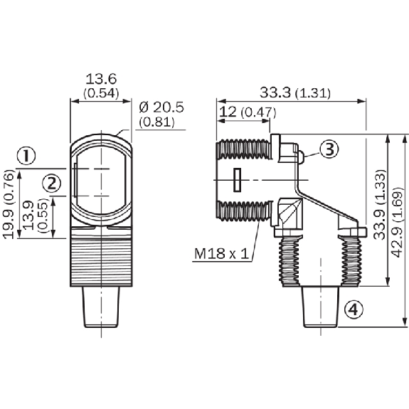 Cellule Directe PNP P=740mm LR DO Hybride / M12 4P+C0.15m - ZTE18-4FZ4B8-Lire la description