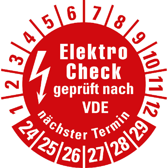 Prüfplakette Elektro-Check nach VDE,n.Termin,24-29,rot,Folie,Ø 30mm,500/Rolle-Lire la description