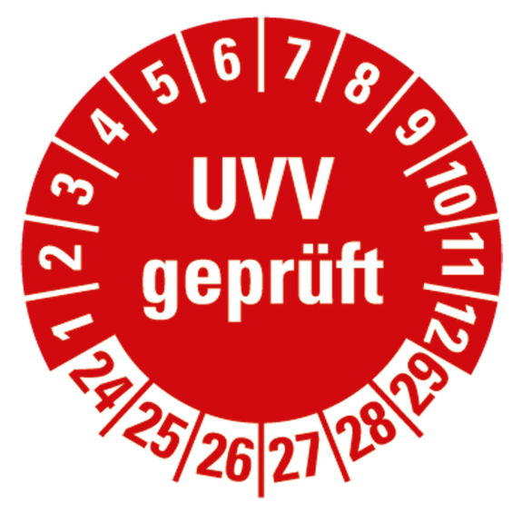 Prüfplakette UVV geprüft, 24-29, rot, Folie, selbstklebend, Ø 30mm, 10/Bogen-Beschreibung lesen