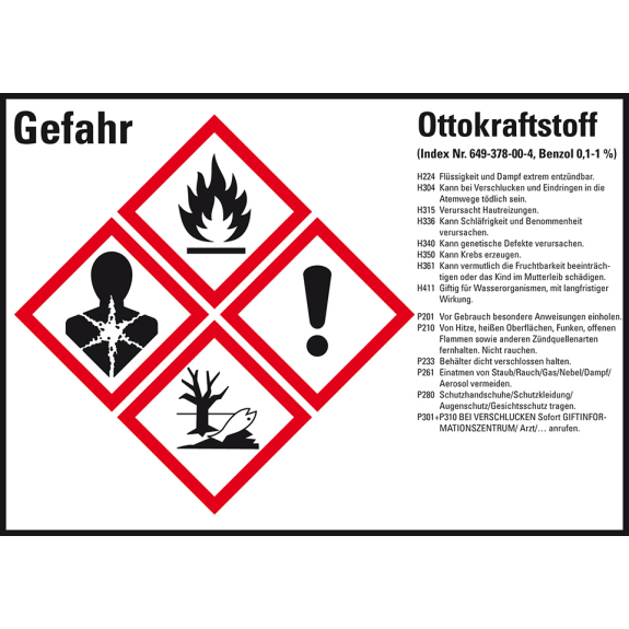 GHS-Etikett Ottokraftstoff, GefStoffV/GHS/CLP, Folie, 105x74mm, 8/Bogen GHS-Etikett Ottokraftstoff, GefStoffV/GHS/CLP, Folie, 105x74mm, 8/Bogen-Beschreibung lesen