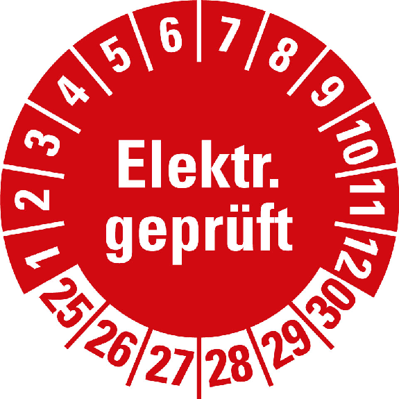 Prüfplakette Elektr.geprüft, 25-30, rot, fälschungssicher, Ø 20mm, 10/Bogen-Beschreibung lesen