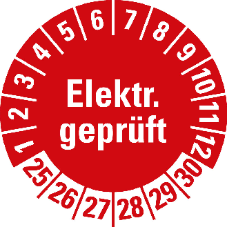 Prüfplakette Elektr.geprüft, 25-30, rot, fälschungssicher, Ø 20mm, 10/Bogen-Beschreibung lesen
