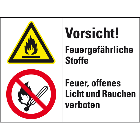 Kombischild mit Symbolen Vorsicht! Feuergef..., Folie, selbstklebend, 200x150mm, ASR A1.3, DIN EN ISO 7010 P003 und W021-Beschreibung lesen