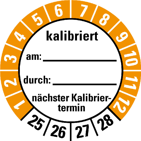 Prüfplakette kalibriert,nä.Kalibriert.,25-28,weiß/orange,Folie,Ø 40mm,10/Bogen Prüfplakette kalibriert,nä.Kalibriert.,25-28,weiß/orange,Folie,Ø 40mm,10/Bogen-Beschreibung lesen