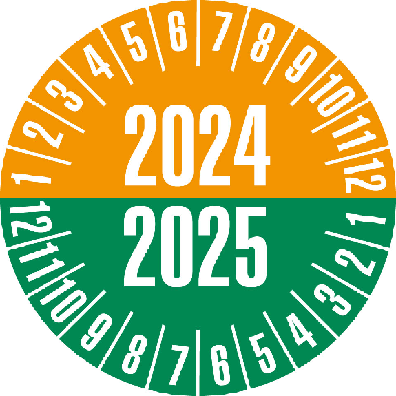 Prüfplakette 2024/2025, orange/grün, Folie, selbstklebend, Ø 20mm, 10/Bogen Prüfplakette 2024/2025, orange/grün, Folie, selbstklebend, Ø 20mm, 10/Bogen-Beschreibung lesen