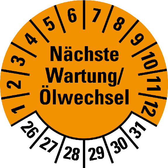 Prüfplakette Nächste Wartung/Ölwechsel, 26-31,orange,Folie,Ø 30mm,10/Bogen Prüfplakette Nächste Wartung/Ölwechsel, 26-31,orange,Folie,Ø 30mm,10/Bogen-Beschreibung lesen