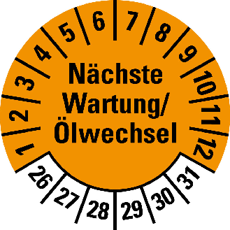 Prüfplakette Nächste Wartung/Ölwechsel, 26-31,orange,Folie,Ø 30mm,10/Bogen-Beschreibung lesen