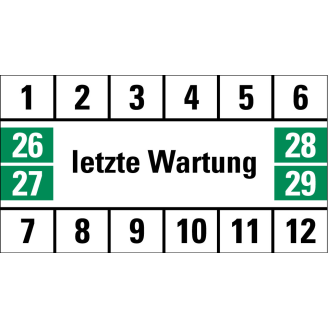 Prüfplakette letzte Wartung, 26-29, weiß/grün/schwarz, Folie, 18x33mm, 16/Bogen-Beschreibung lesen