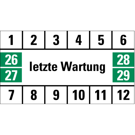 Prüfplakette letzte Wartung, 26-29, weiß/grün/schwarz, Folie, 18x33mm, 16/Bogen-Beschreibung lesen