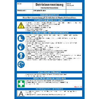 Maschinenbetriebsanweisung Handschleifmaschinen, Kunststoff, 210x297mm, ASR A1.3, DIN EN ISO 7010-Beschreibung lesen