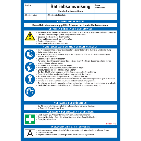 Maschinenbetriebsanweisung Handschleifmaschinen, Kunststoff, 210x297mm, ASR A1.3, DIN EN ISO 7010-Beschreibung lesen