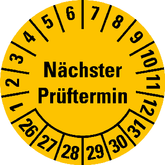 Prüfplakette Nächster Prüftermin 26-31,gelb,Folie,selbstklebend,Ø 20mm,10/Bogen-Beschreibung lesen