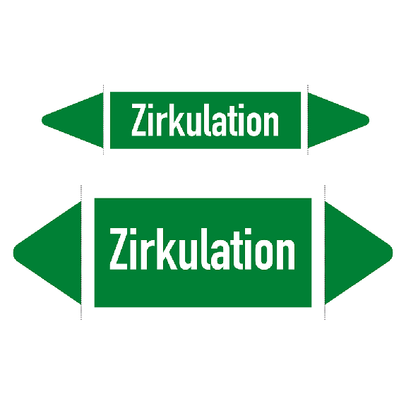 Rohrleitungsetikett Zirkulation, DIN 2403, grün/weiß, für Ø 25-40mm, 126x26mm, 5/Bogen-Beschreibung lesen