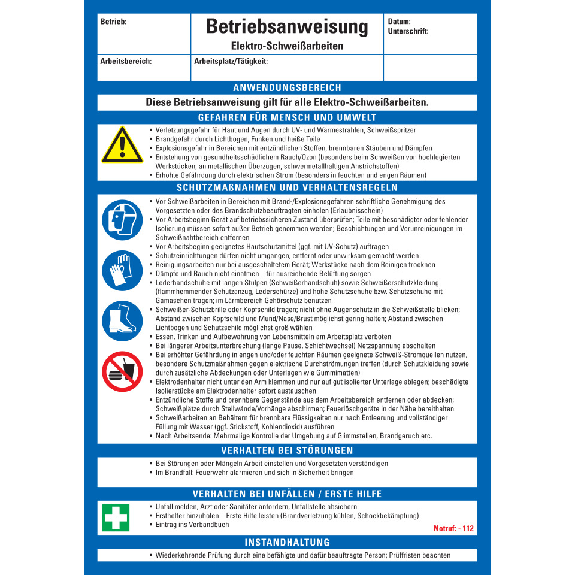 Maschinenbetriebsanweisung Elektro-Schweißarbeiten, Kunststoff, 210x297mm, ASR A1.3, DIN EN ISO 7010 Maschinenbetriebsanweisung Elektro-Schweißarbeiten, Kunststoff, 210x297mm, ASR A1.3, DIN EN ISO 7010-Beschreibung lesen