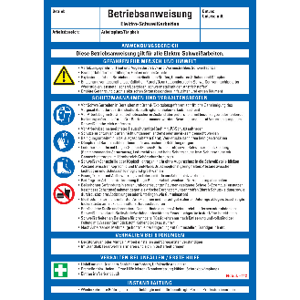Maschinenbetriebsanweisung Elektro-Schweißarbeiten, Kunststoff, 210x297mm, ASR A1.3, DIN EN ISO 7010-Beschreibung lesen